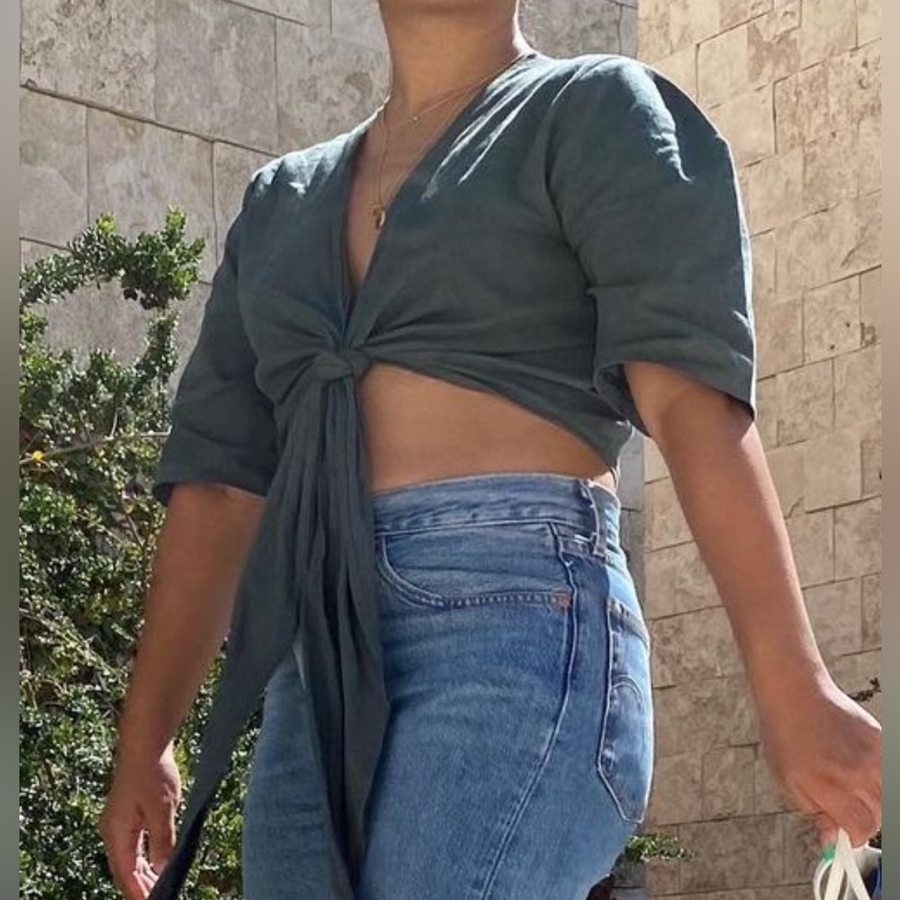 OAK + FORT Green Wrap Tie Top